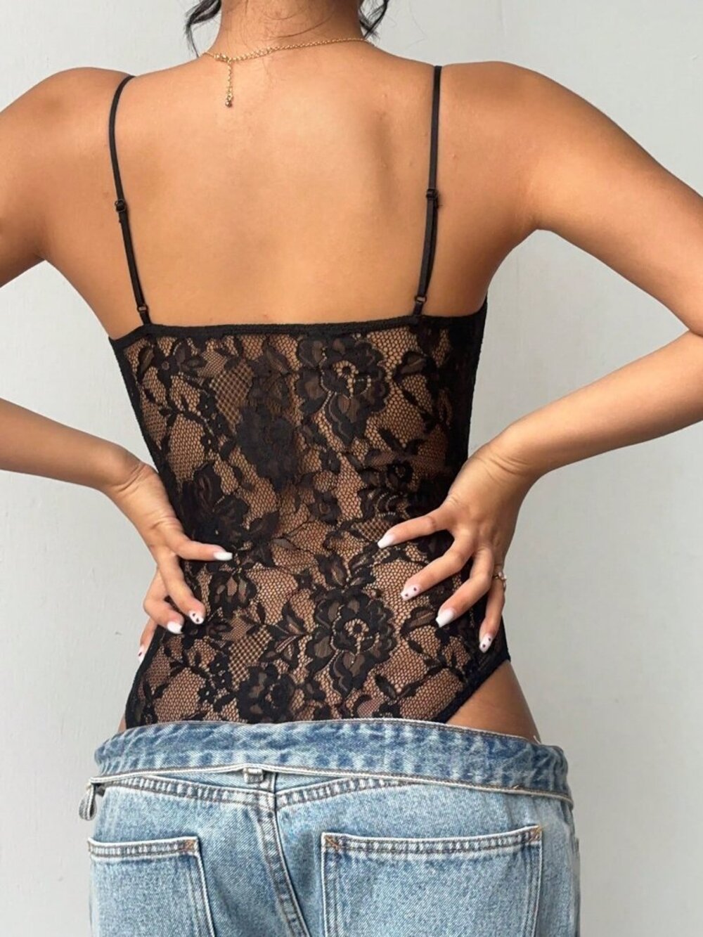 Black Sexy Women's Spaghetti Strap Sheer Fitted Lace Bodysuit - Picture 2 of 8